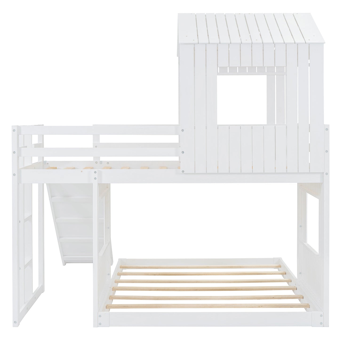 Wooden Twin Over Full Bunk Bed with Playhouse
