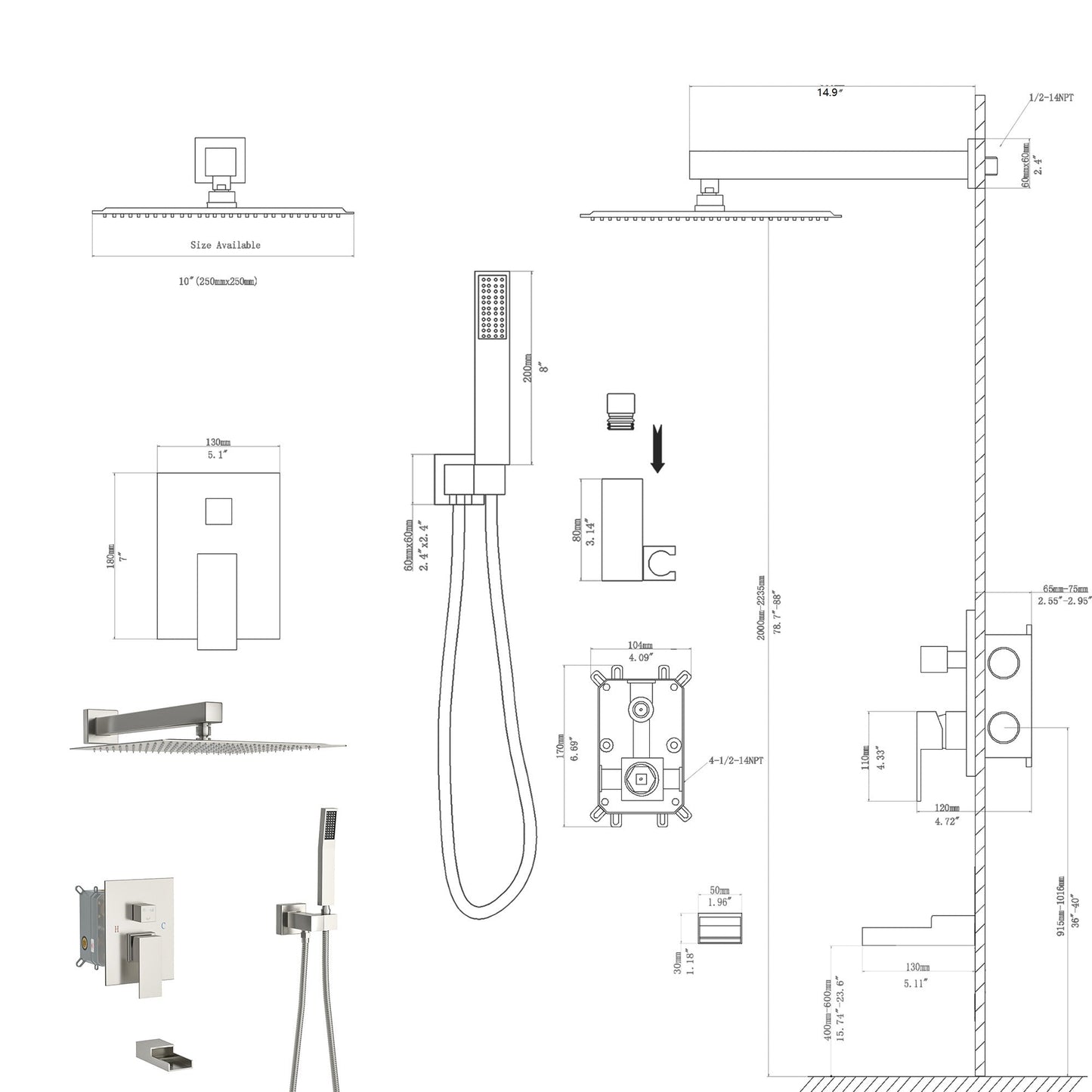 Brushed Nickel Shower System with Waterfall Tub Spout