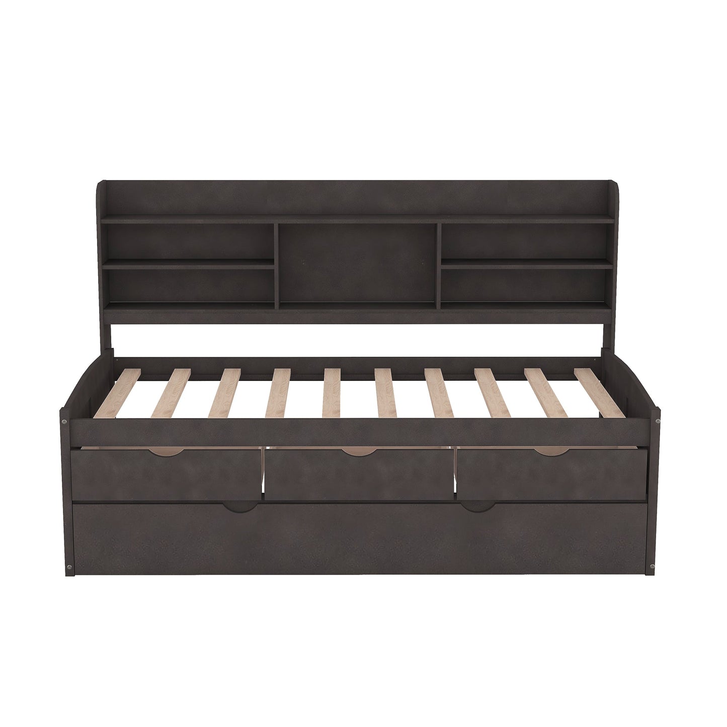 Twin Size Wooden Captain Bed with Built-in Bookshelves, Three Storage Drawers, and Trundle, Antique