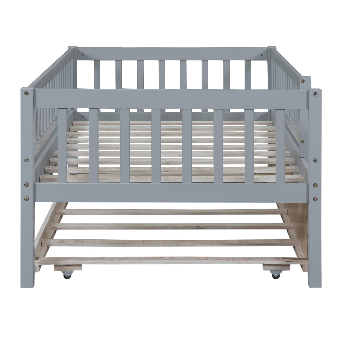 Twin Size Wood Daybed with Trundle and Fence Guardrails
