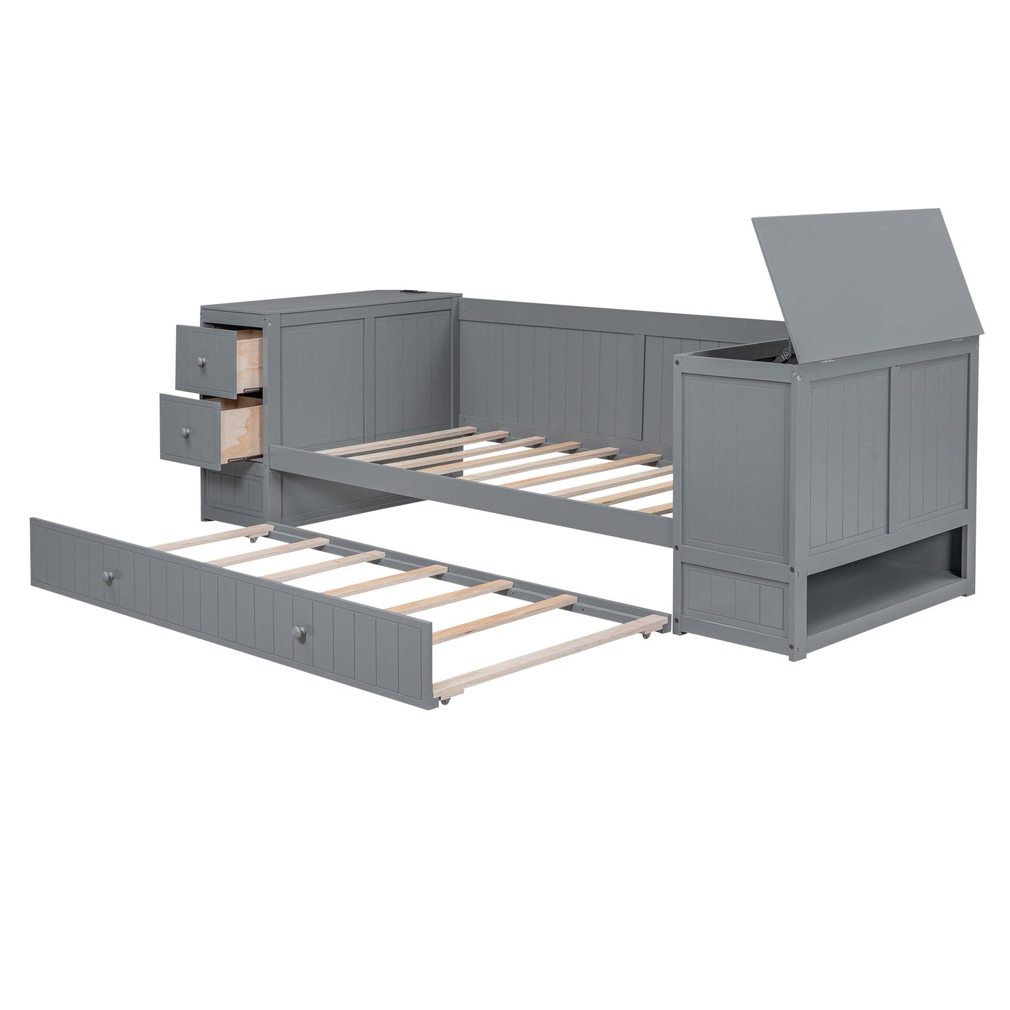 Twin Size Daybed with Storage Arms, Trundle and Charging Station