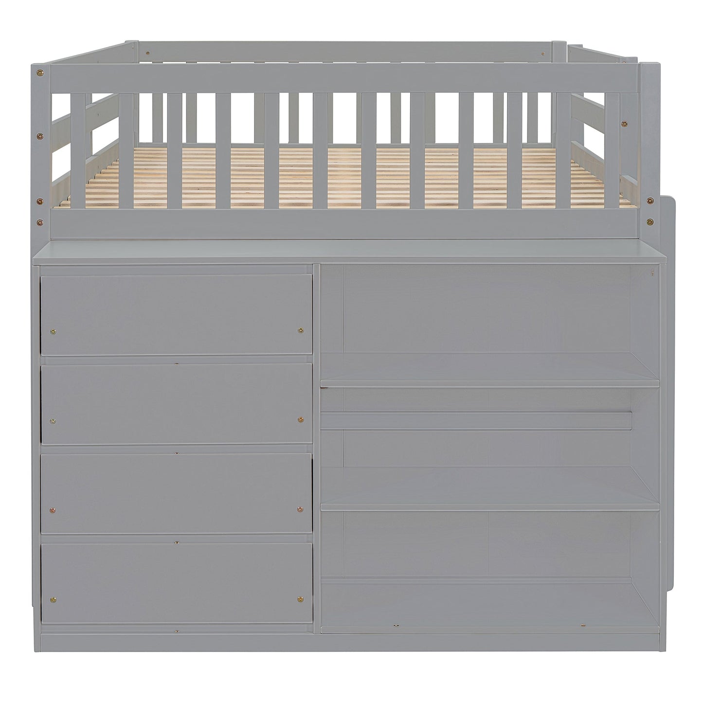 Full Over Full Bunk Bed with 4 Drawers and 3 Shelves - Gray