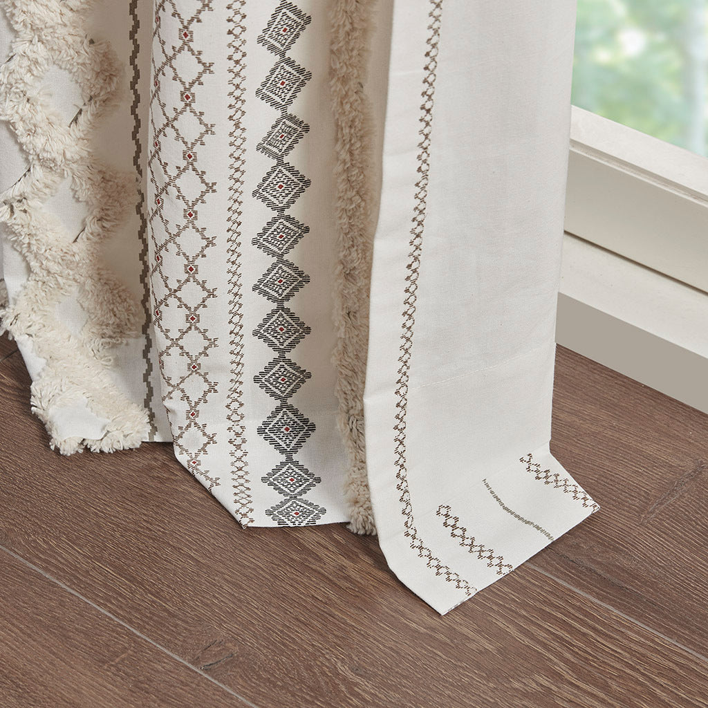 Cotton Printed Curtain Panel with Chenille Stripe and Lining Ivory 50x84