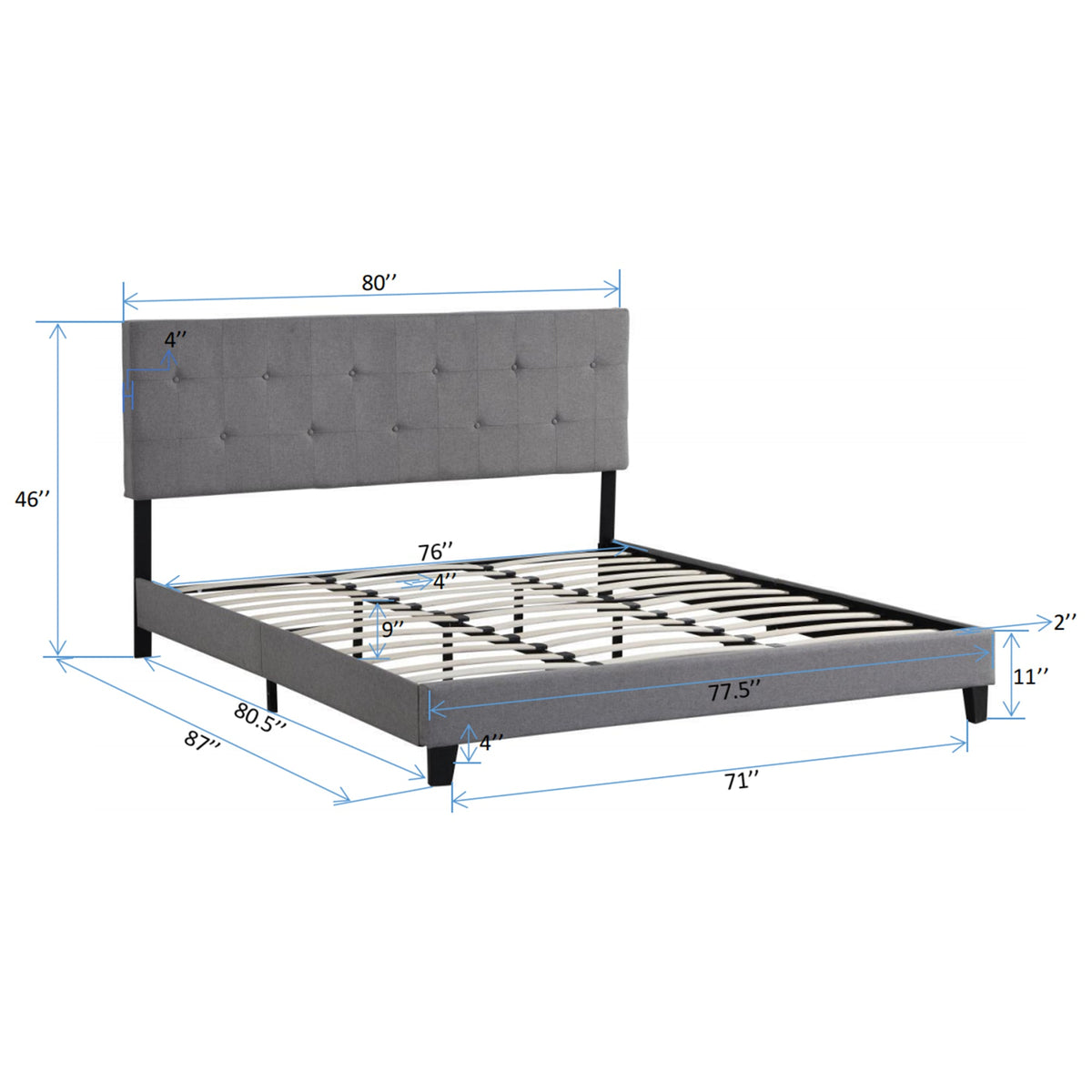 King Size Upholstered Platform Bed Frame with Button Tufted