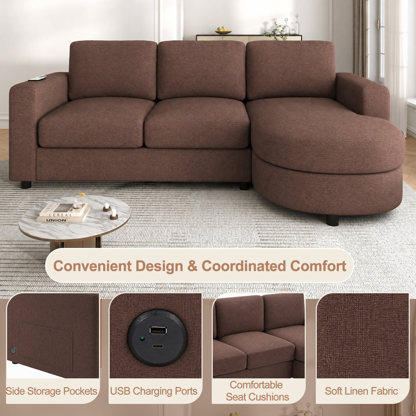 Modern Sectional Sofa with Curved Chaise Lounge