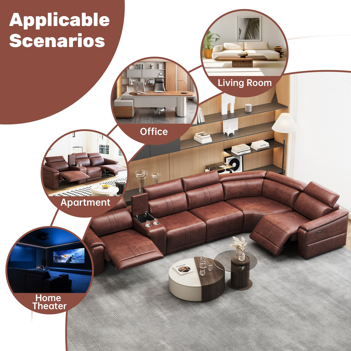 6-Piece Modular Leather Sofa with 2 Cup Holders