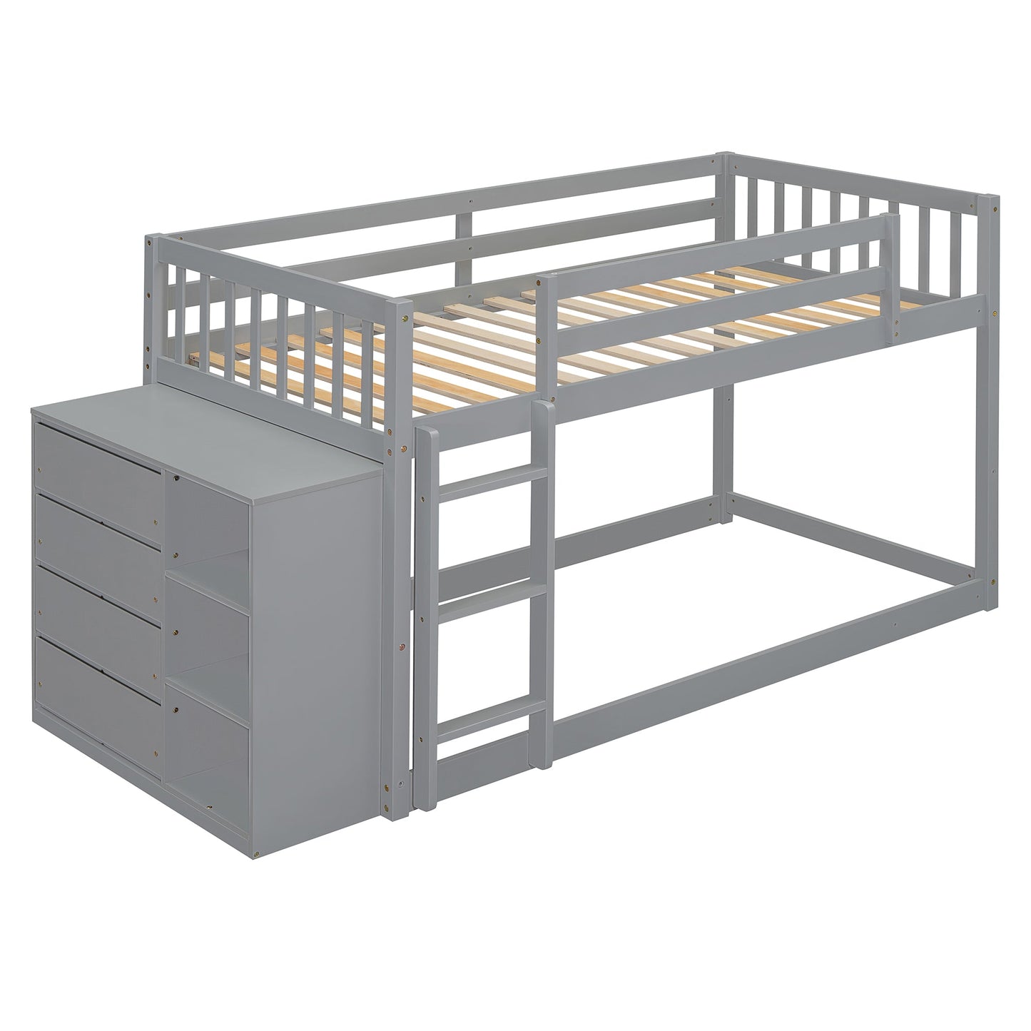 Twin Over Twin Bunk Bed with 4 Drawers and 3 Shelves - Gray