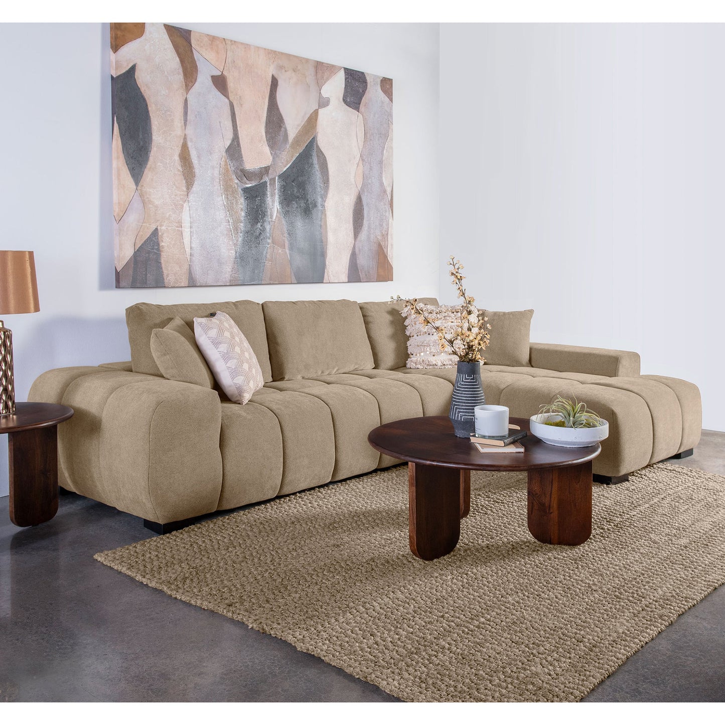 Plather Camel Upholstered Sectional Chaise Sofa