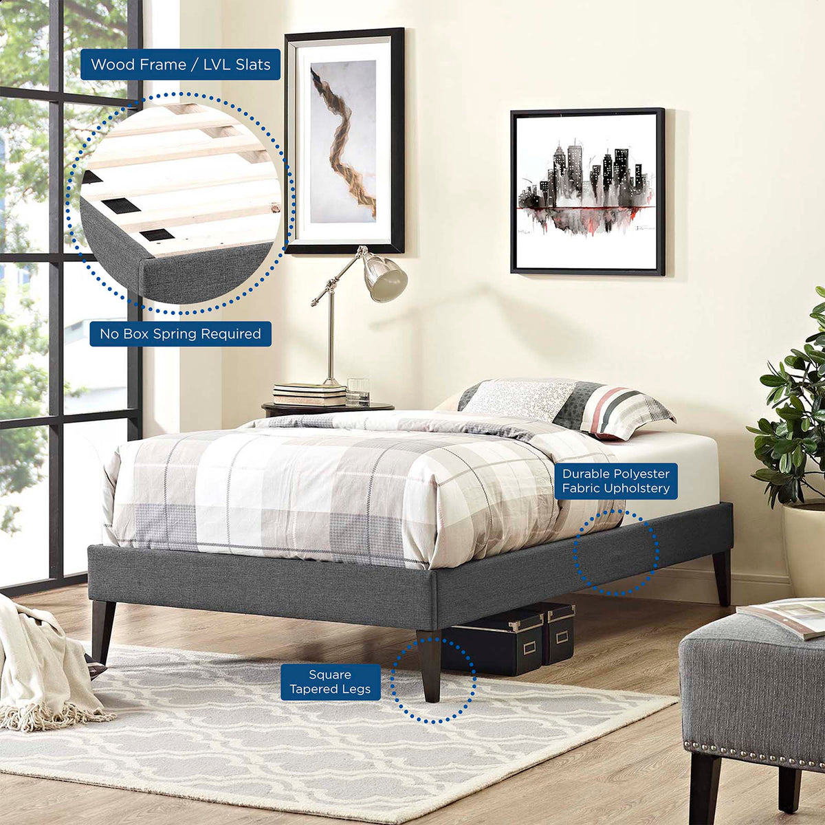 Tessie Fabric Twin Bed Frame with Squared Tapered Legs by Modway