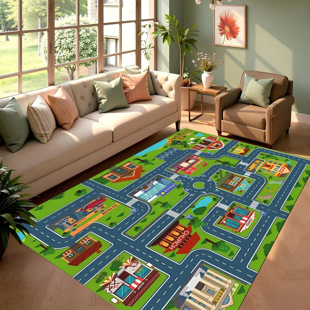City & Race Track Carpet Series Non Slip Soft Easy To Clean Ideal for Home Play Area Vacation House Interactive Decor Kid Rugs