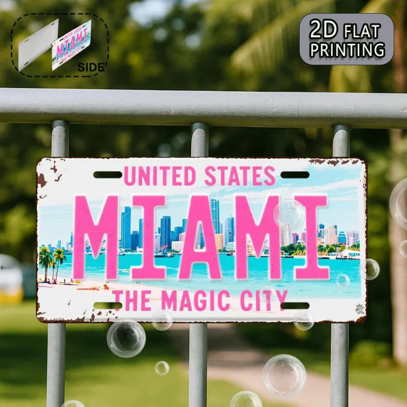 2DFlat Miami retro Metal Aluminum Sign License Plate,Travel Souvenirs,Friend Gift,Birthday Gift