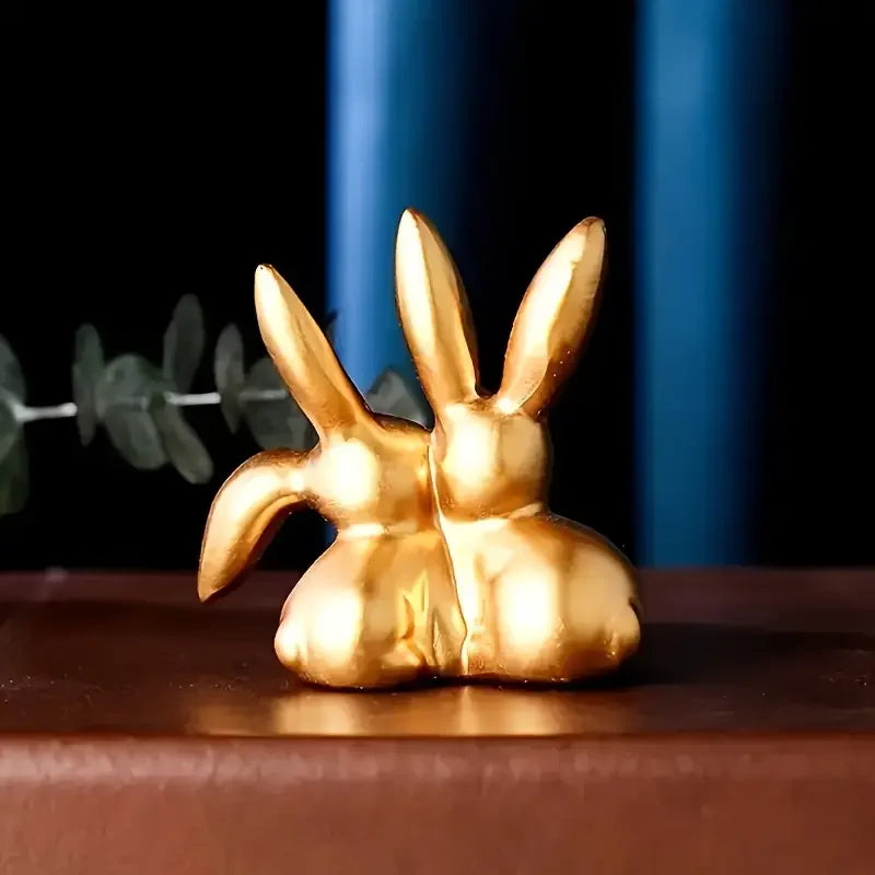 1pc Collectible figurine ,Golden cute double rabbit ornament, creative decorative item for home desktop.