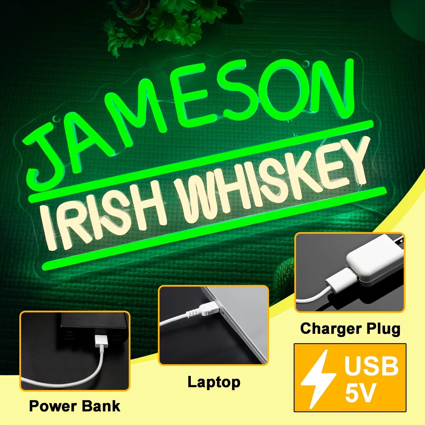 Jameson Irish Whiskey Brand Logo Neon Sign Light for Home Bar Pub Man Cave Wall Decor LED Neon Light Gift for Whiskey Lovers