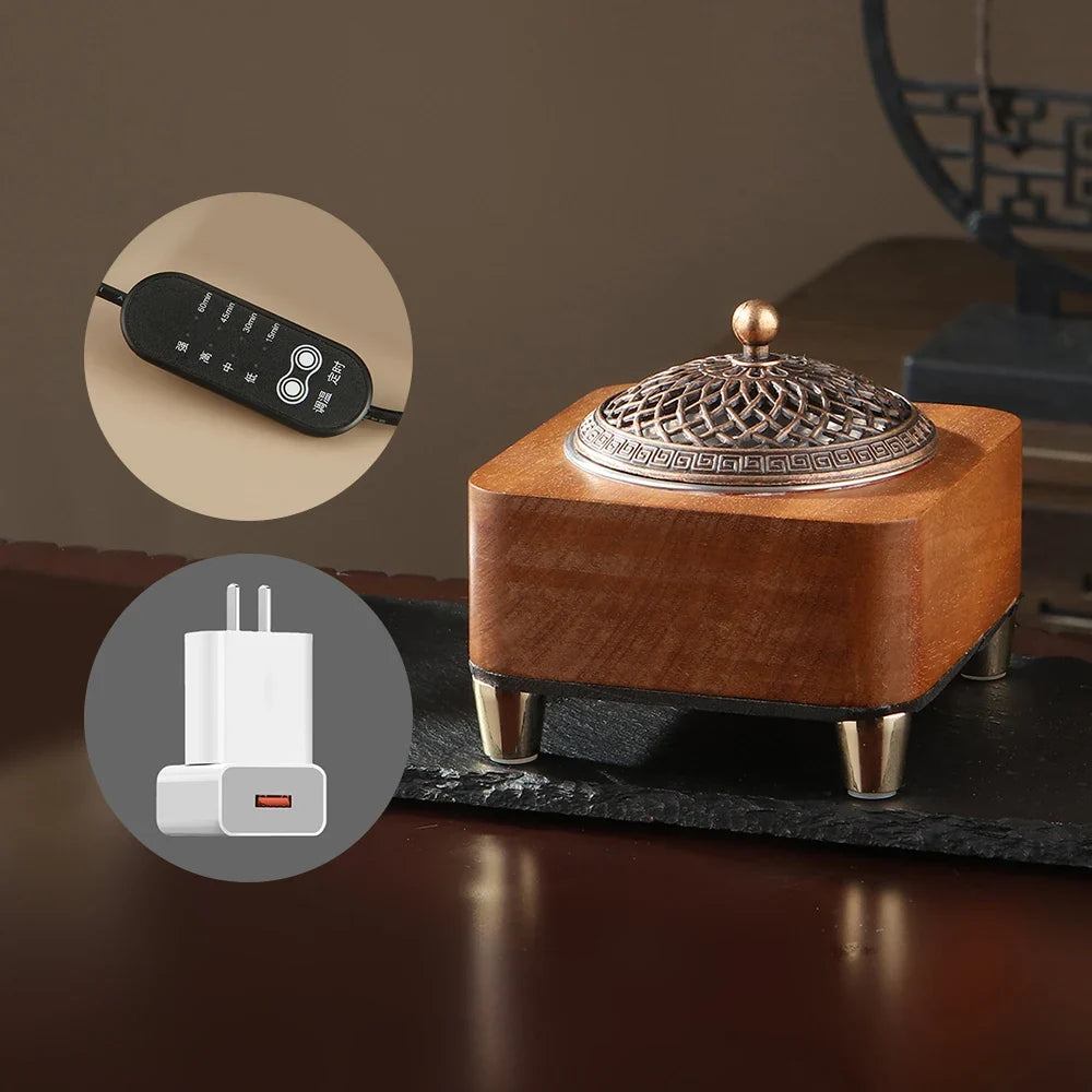 Electronic Incense Burner Wooden Essential Oil Burner Timing Adjustable Temperature Wax Melts Warmer Agarwood Incense Burner