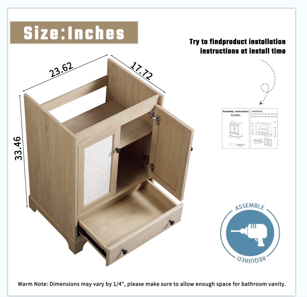 Wooden Bathroom Vanity Sink Base Cabinet - 24" Width