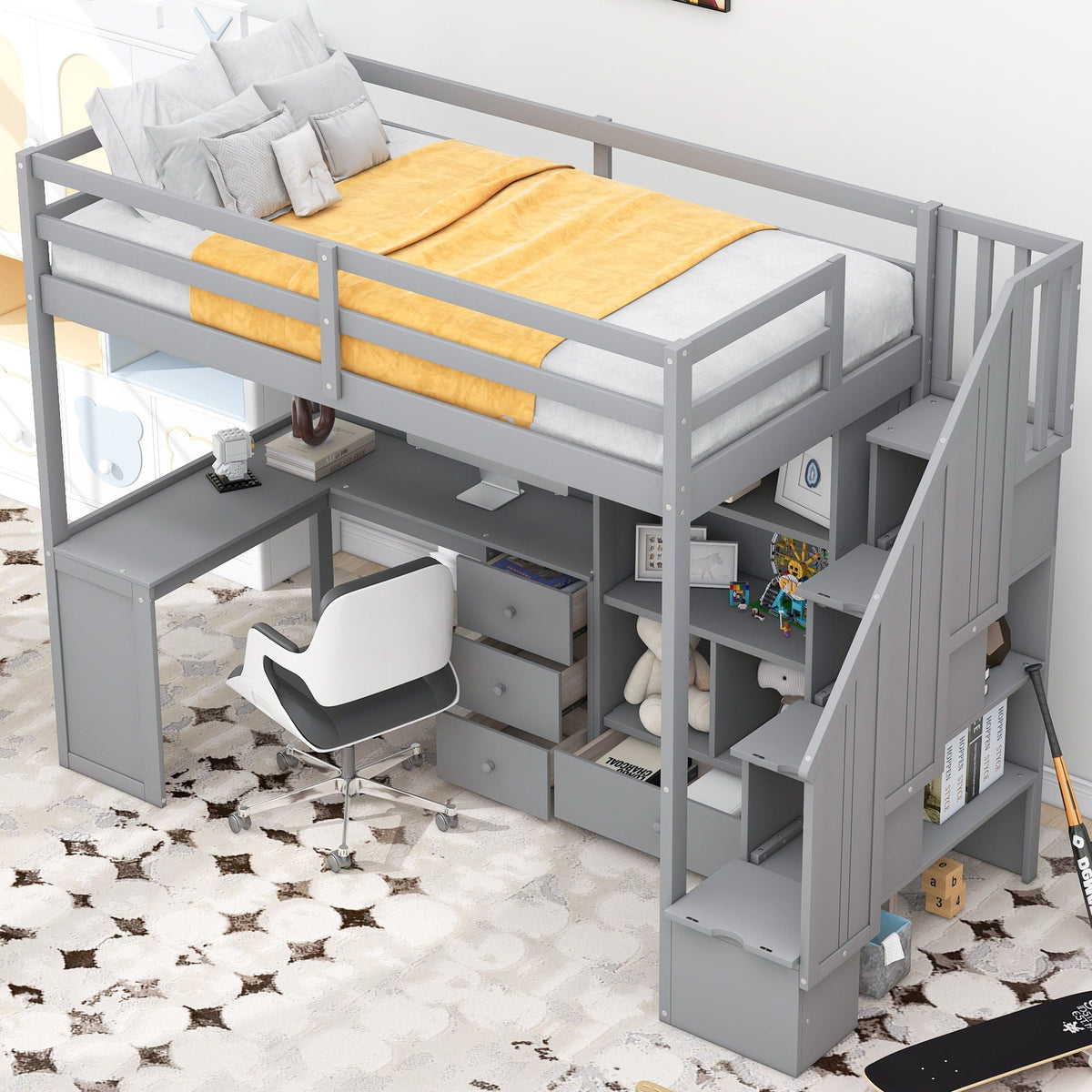 Loft Bed With L Shaped Desk, Drawers, Cabinet, And Storage Staircase - view 14