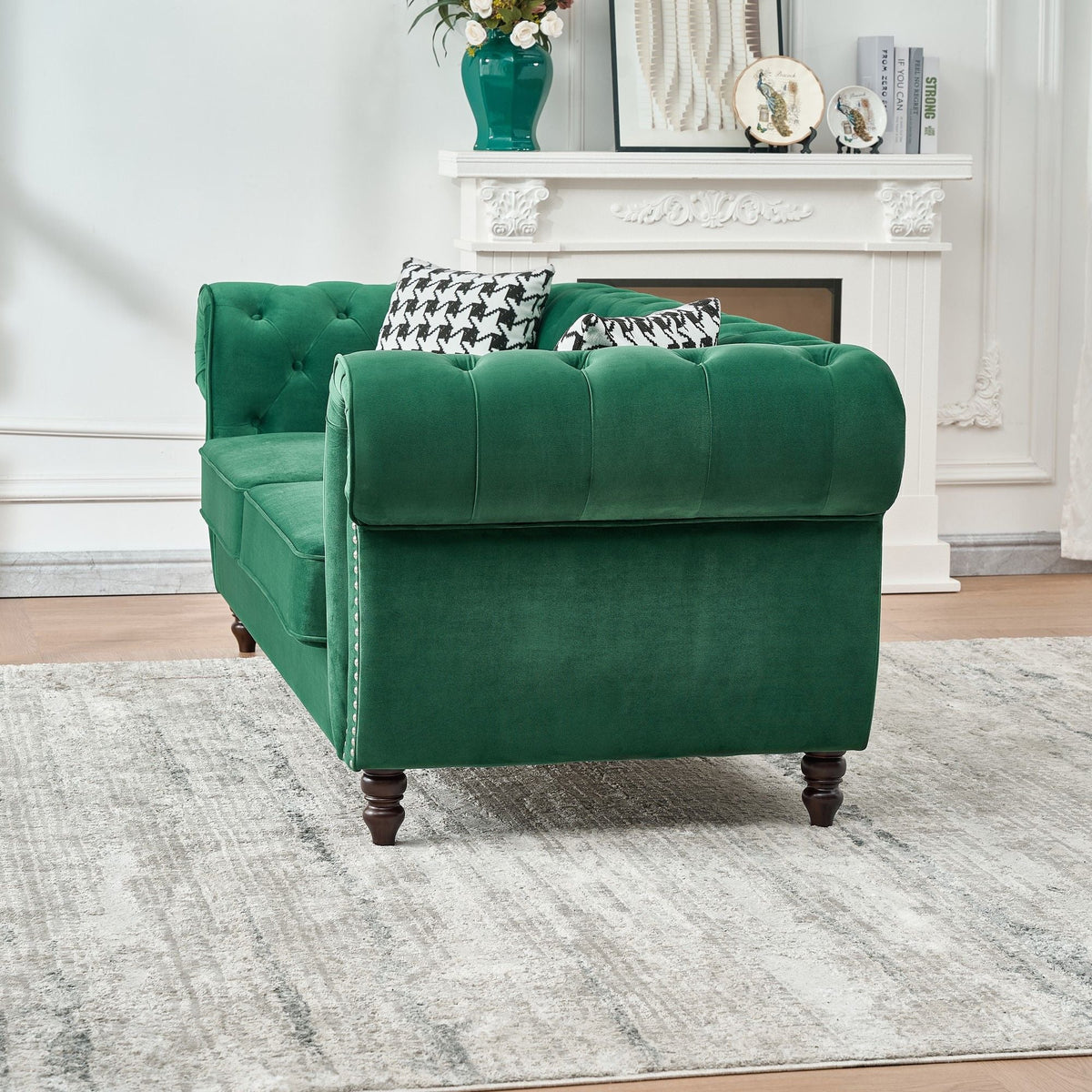 Chesterfield Fabric Sofa With Roll Armrest And Nailhead, Mid Century 2 Seater Couch - view 7