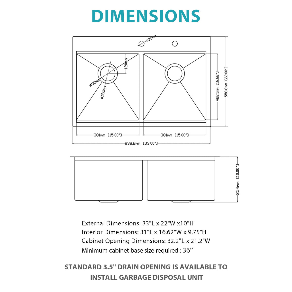 Topmount Drop In Kitchen Sink - 33"x 22"