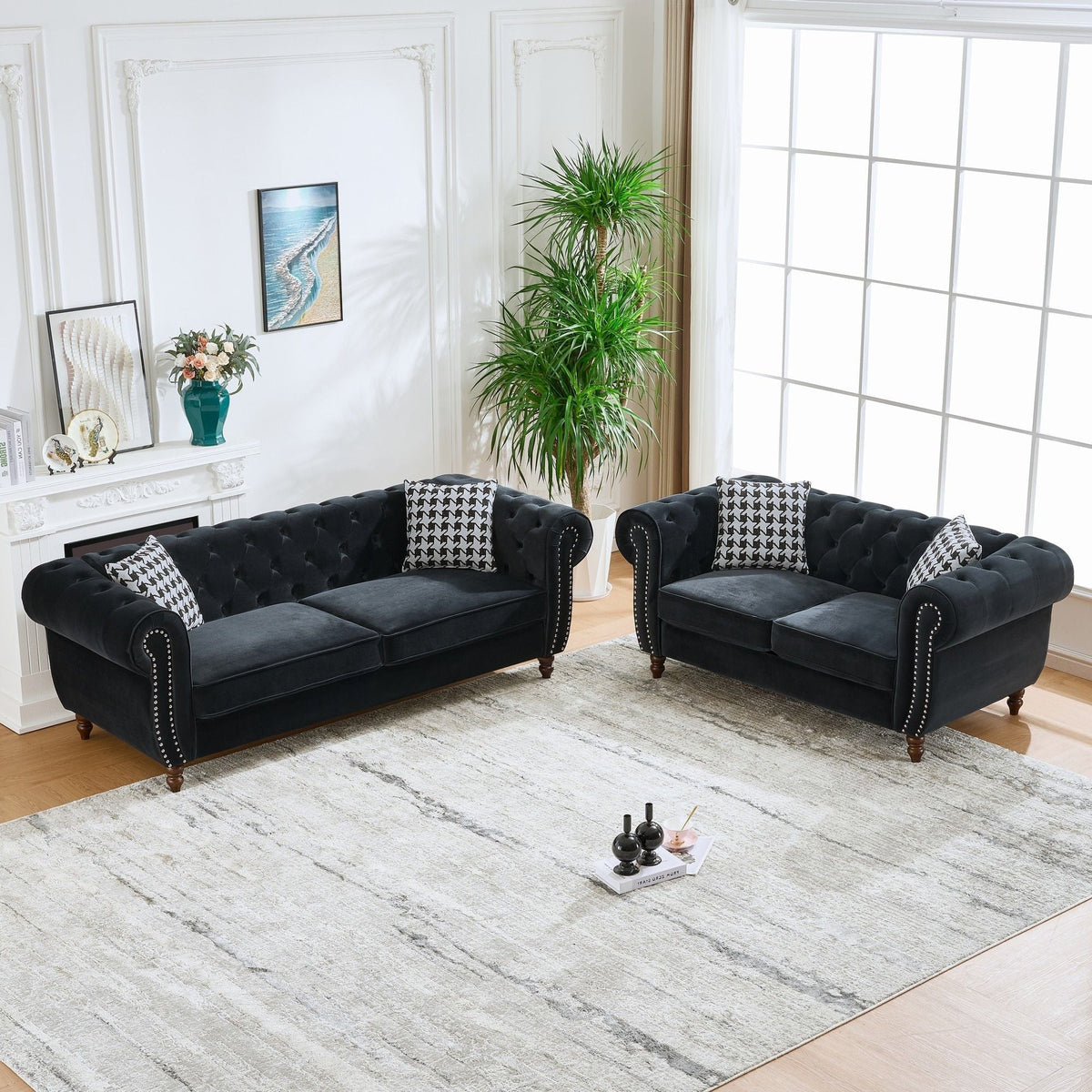 Chesterfield 3 And 2 Seater Upholstery Sofa With Roll Armrest & Nailhead Fabric Couch - view 7