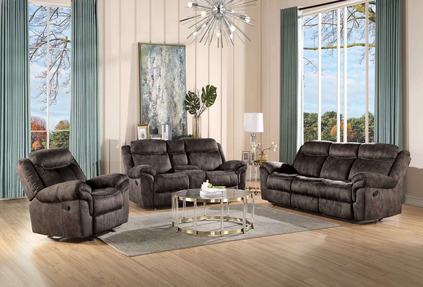 Zubaida Two Tone Chocolate Velvet Recliner Sofa with USB Port & Drop Down Table