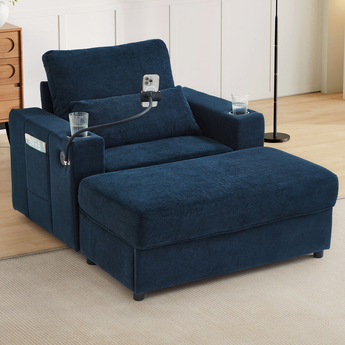 Modern Style Armchair Chaise Lounge Sofa Couch With Movable Storage Ottoman, USB Ports, Cup Holders, Phone - view 7