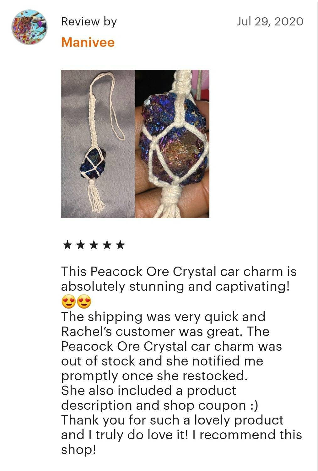 Macrame wrapped crystal rear view mirror charm.