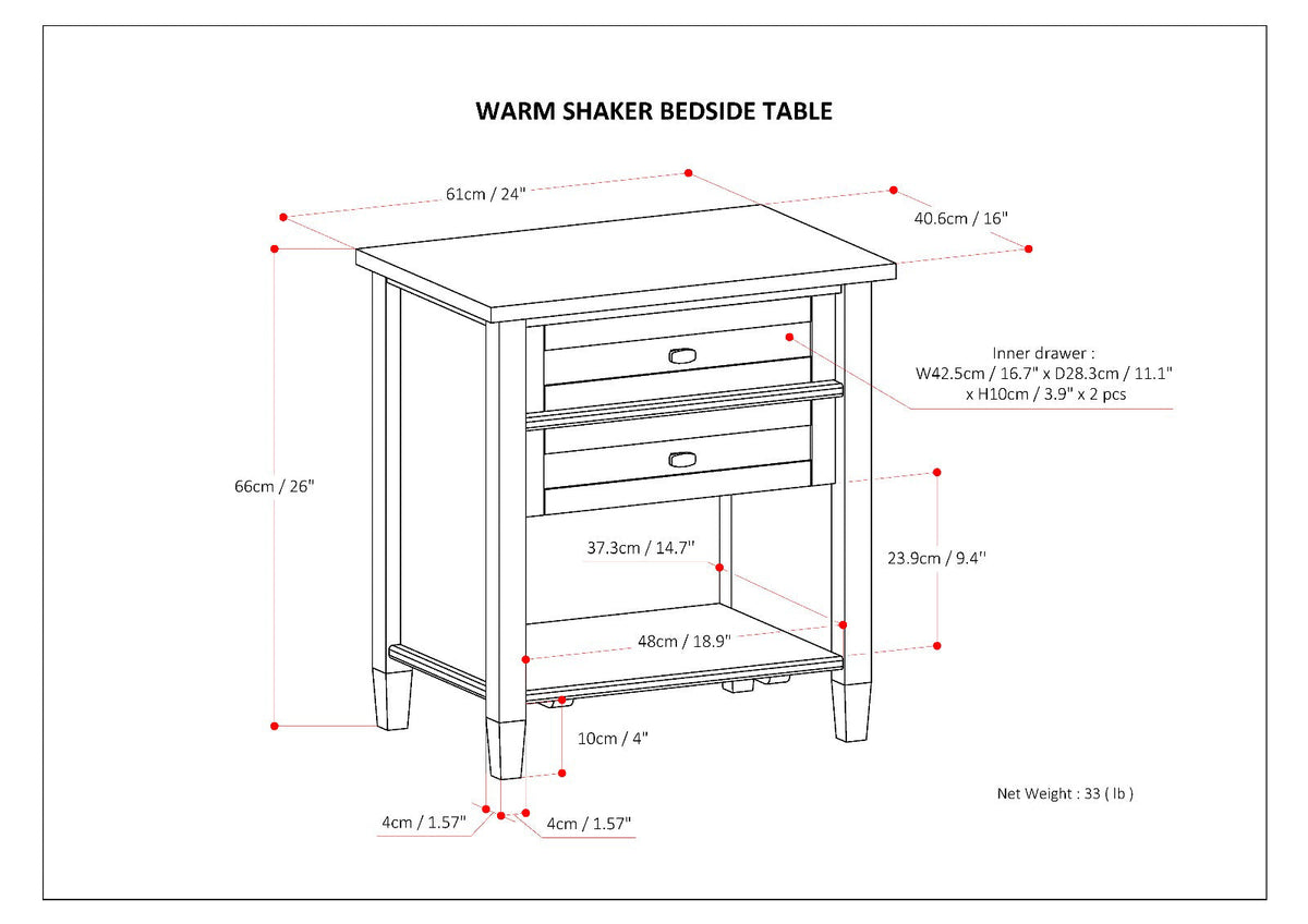 Warm Shaker Solid Wood 24 Inch Wide Transitional Nightstand in Russet