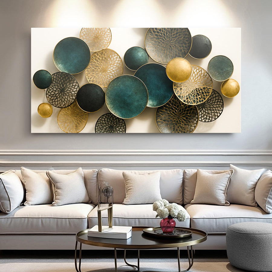 Lotus leaf abstract canvas wall art above a sofa