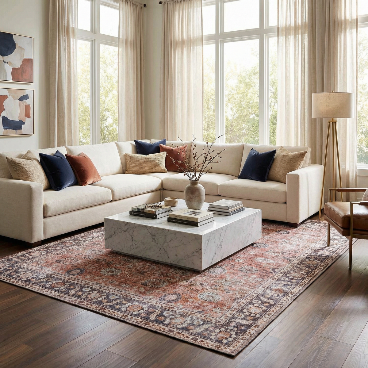 Red washable area rug under a coffee table in a living room
