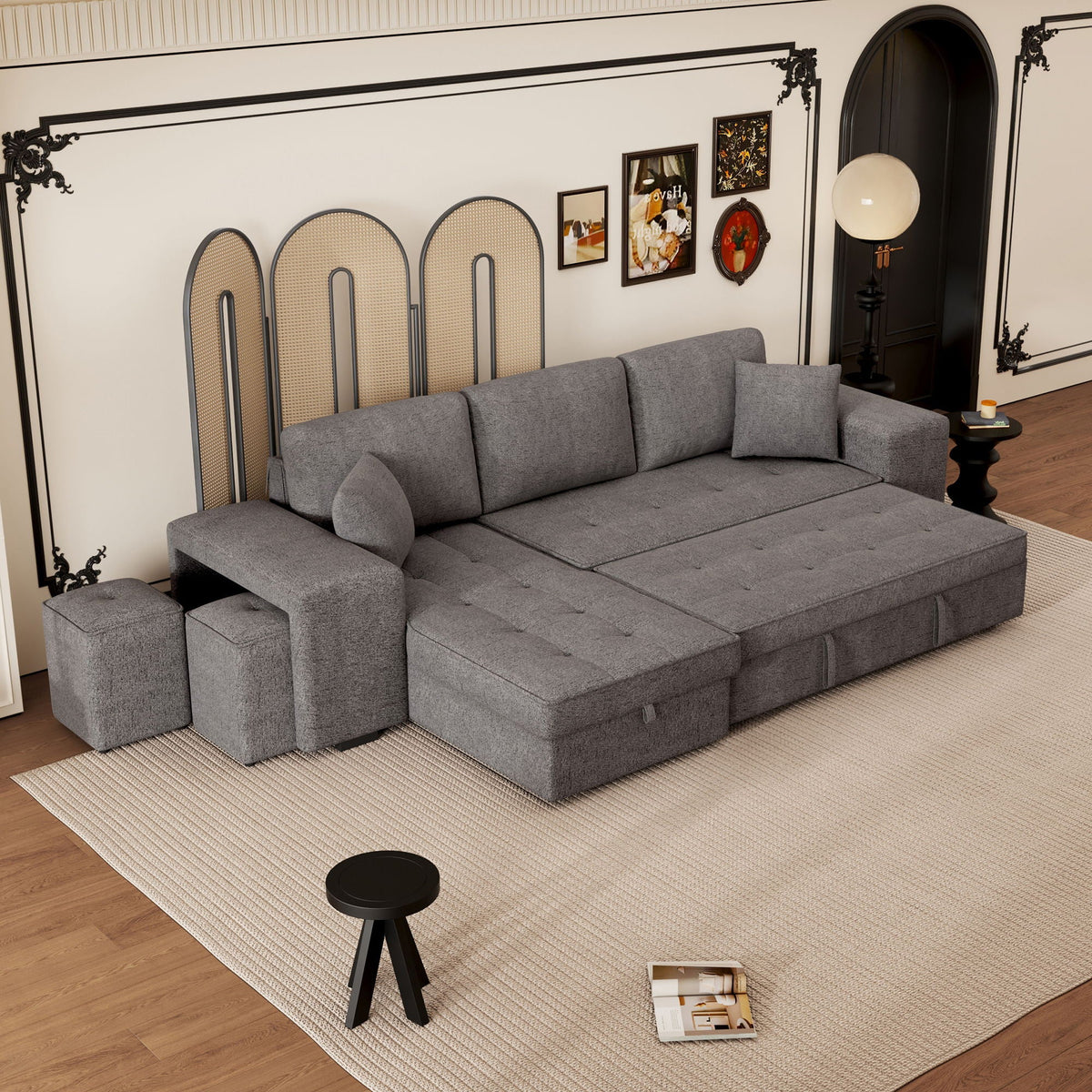 Modern L-Shape 3 Seat Reversible Sectional Couch, Pull Out Sleeper Sofa With Storage Chaise And 2 Stools For