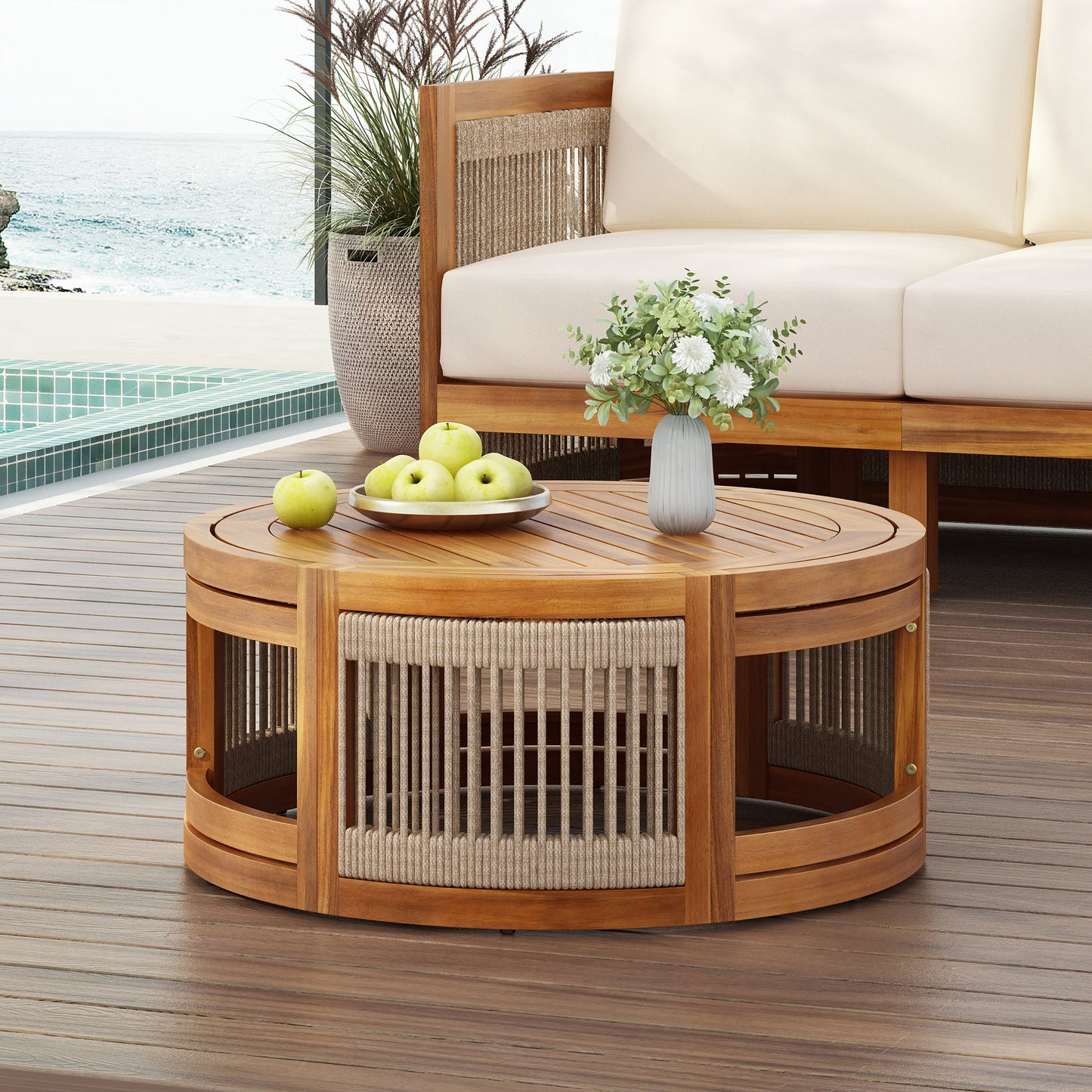 27.95" Acacia Wood Outdoor Coffee Table with Handwoven Rope Accent