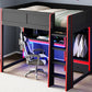 Wood Full Size Gaming Loft Bed with Built-in Desk, Wardrobe, LED and Drawer