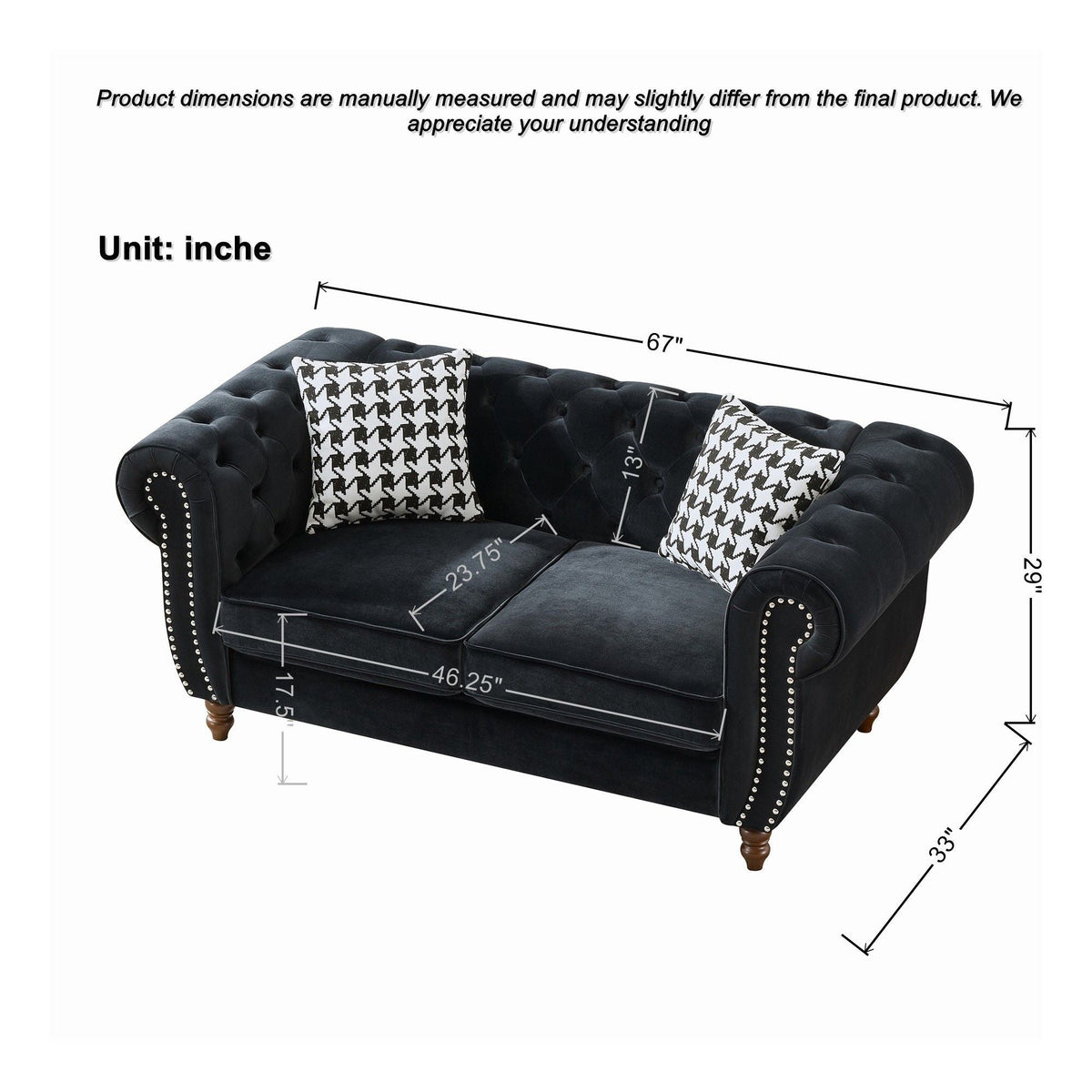 Chesterfield 3 And 2 Seater Upholstery Sofa With Roll Armrest & Nailhead Fabric Couch - view 2