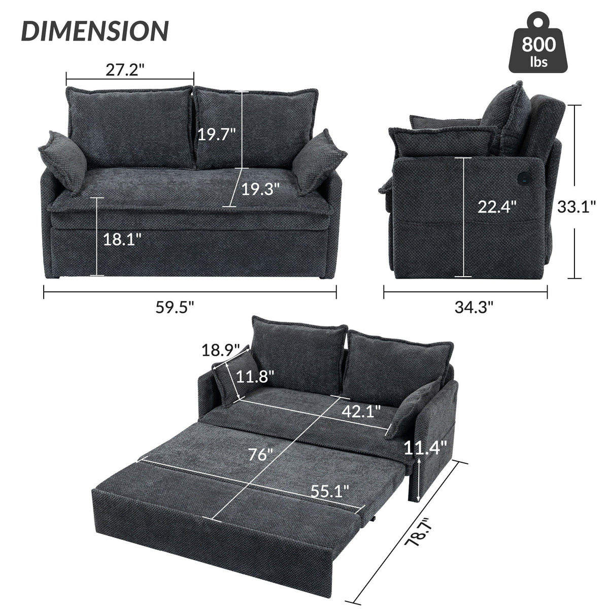 Pull Out Sofa Bed, Convertible Sleeper Sofa Couch, Side Storage, And USB / C - Type Charging Ports Chair - view 3