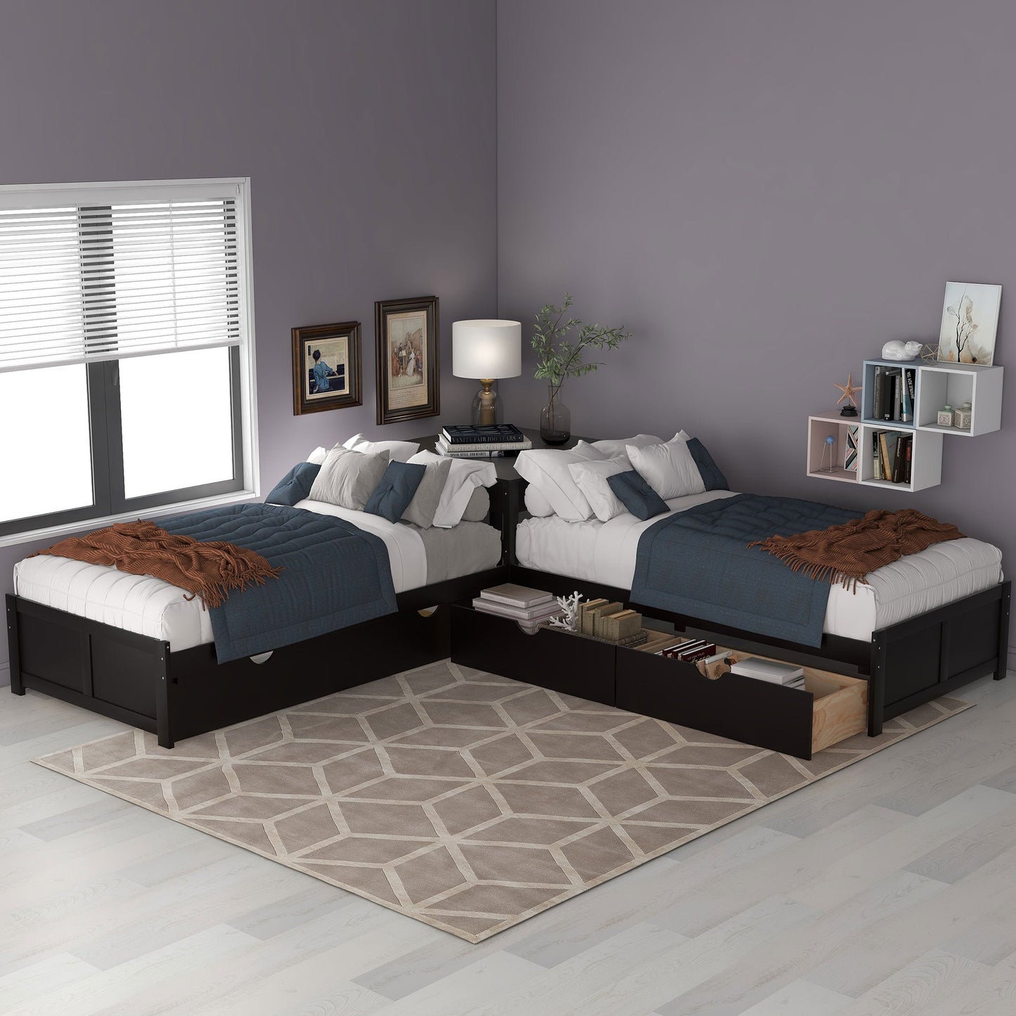 L-Shaped Platform Bed with Trundle and Built-in Desk