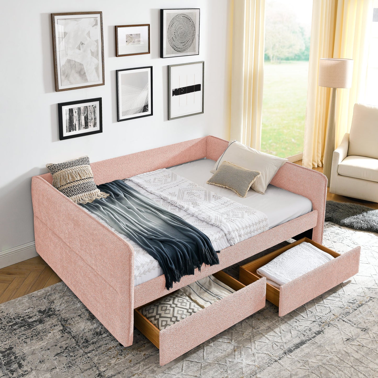 Queen Size Daybed with Two Drawers - Upholstered Tufted Sofa Bed