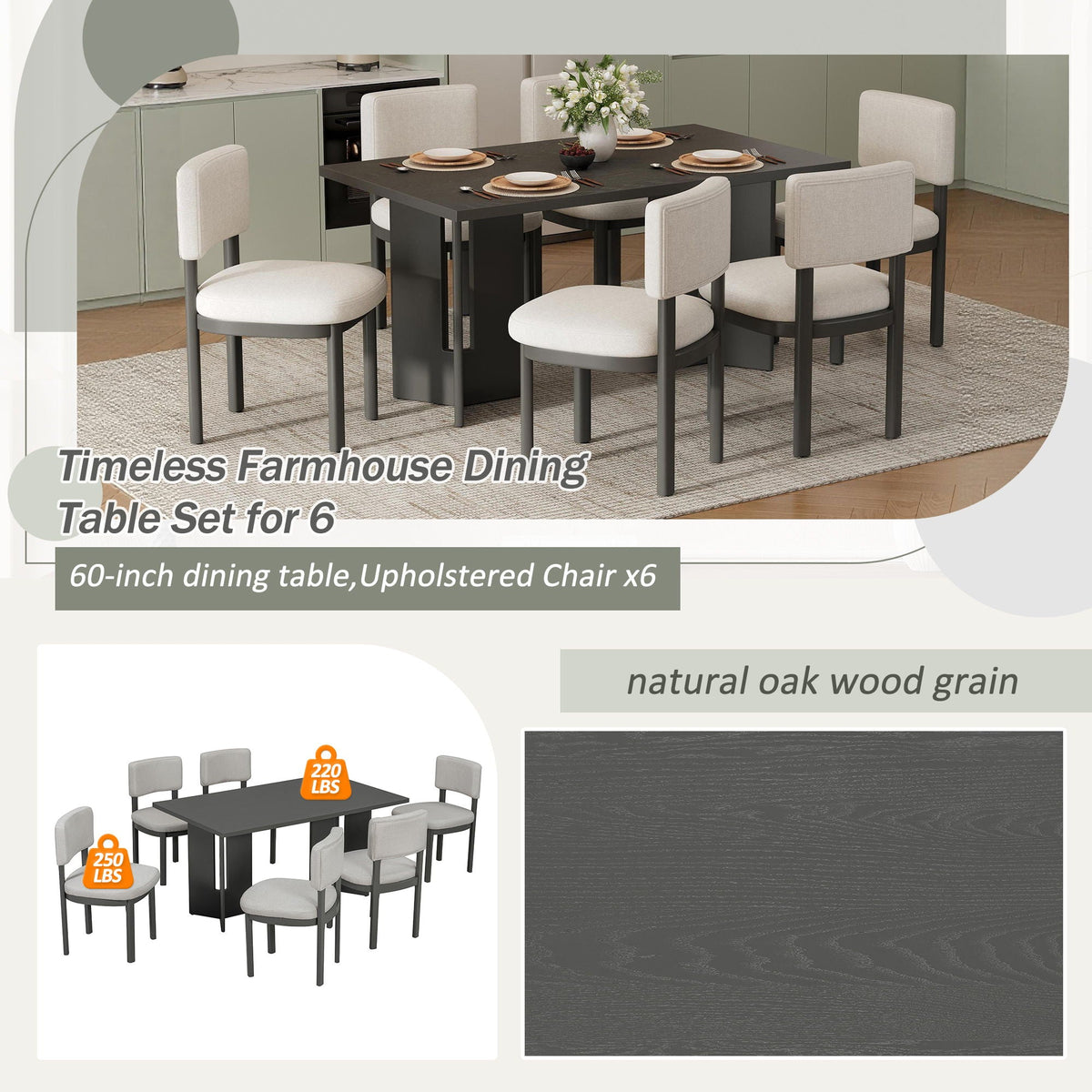Dining Table Set With 6 Upholstered Chairs, Rectangular Table With Cutout Legs - view 3