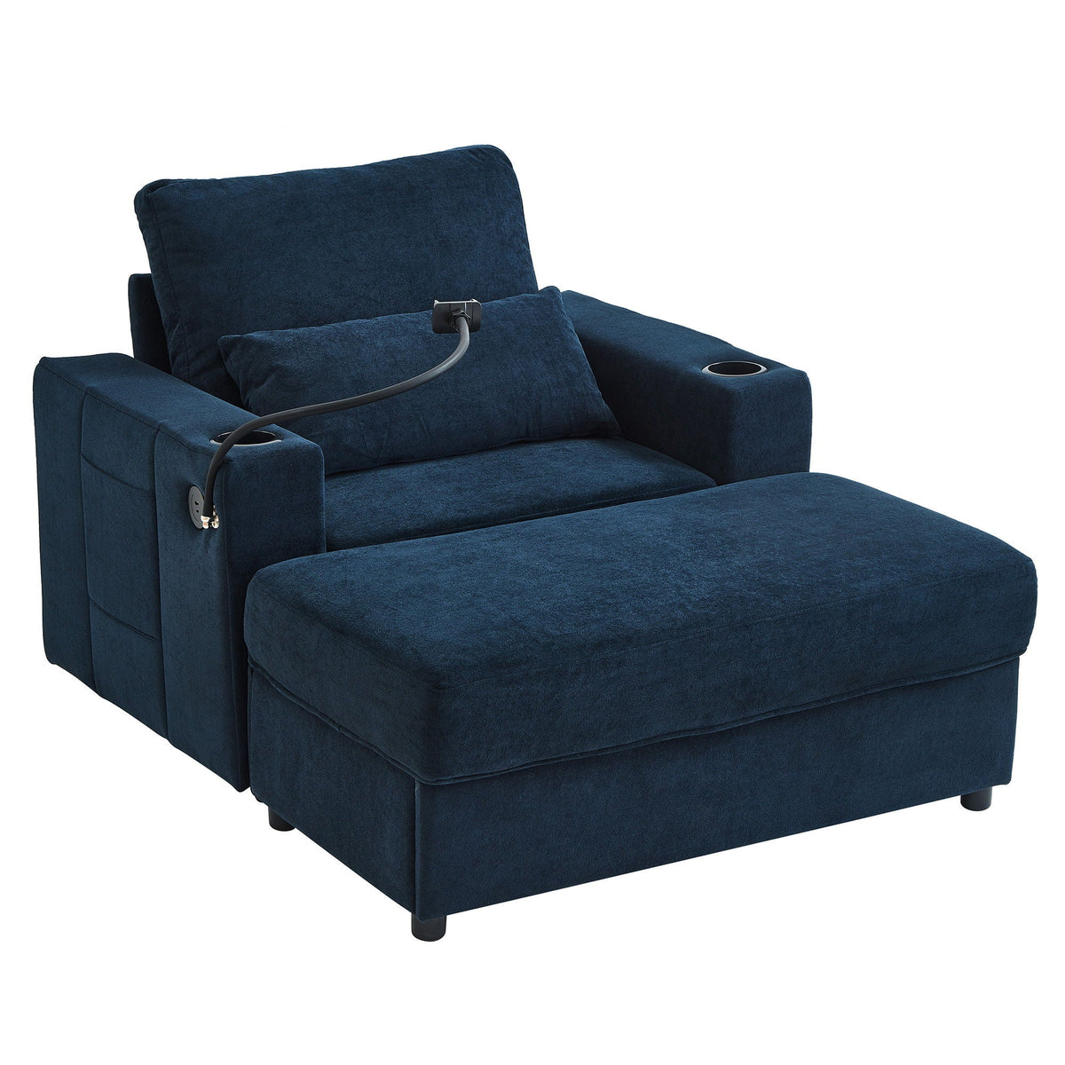 Modern Style Armchair Chaise Lounge Sofa Couch With Movable Storage Ottoman, USB Ports, Cup Holders, Phone