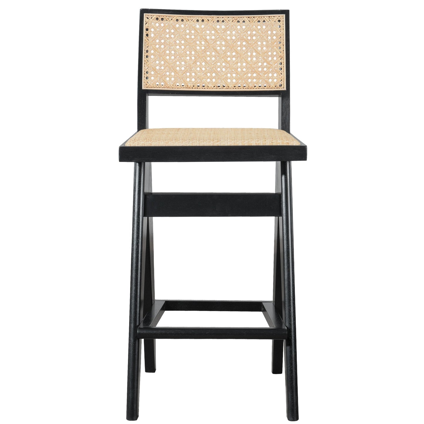 Keira Mid-Century Rattan Bar Stool Set of 2 with Leather Seat