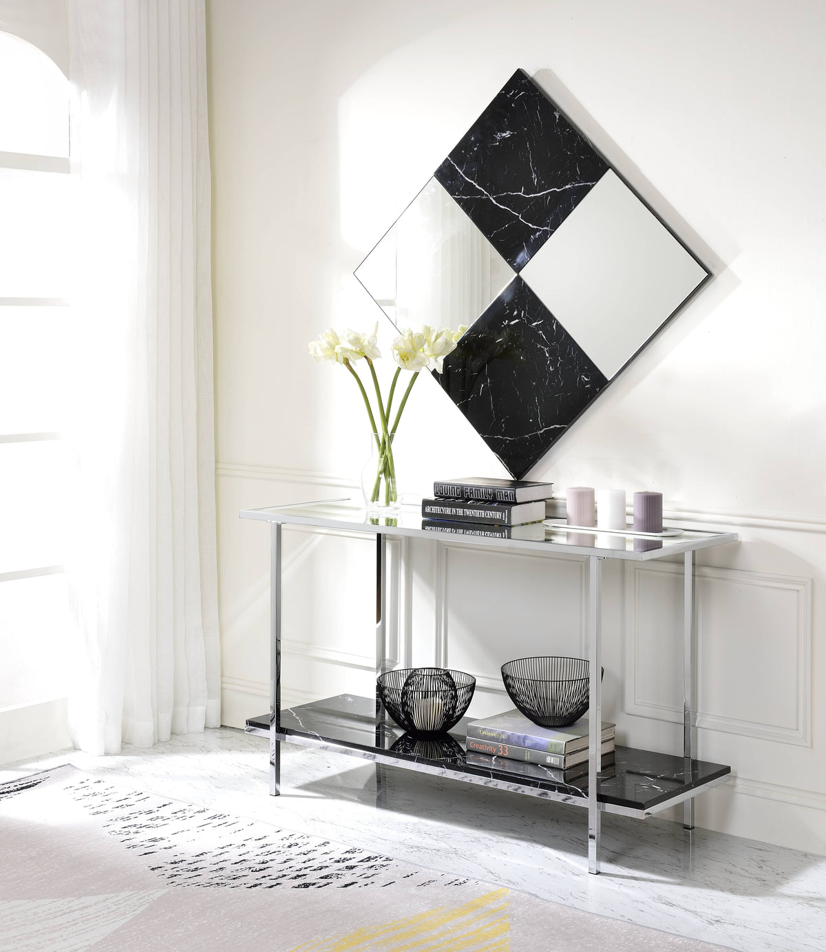 Angwin Mirrored Faux Marble Console Table
