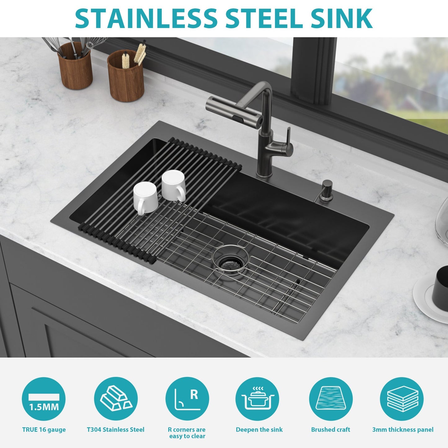33" Drop-In Gunmetal Kitchen Sink