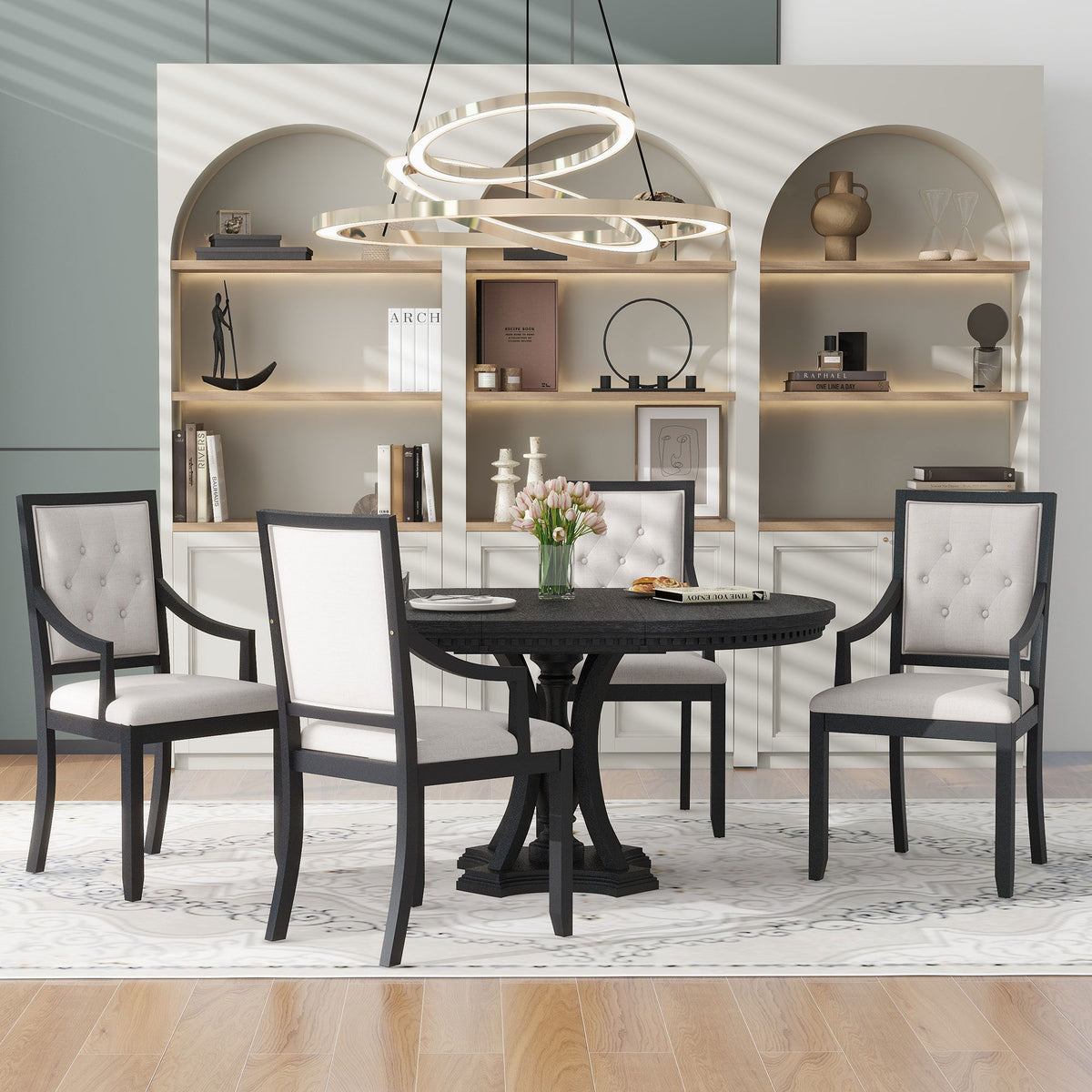 5 Piece Dining Set Extendable Round Table And 4 Chairs - Black / Oak - view 2