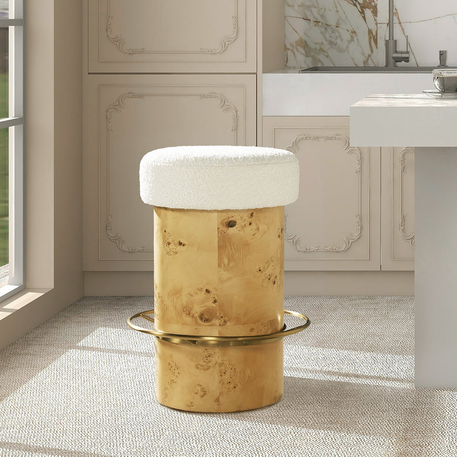Nebula 26" Backless Round Upholstered Counter Stool with Burl Wood