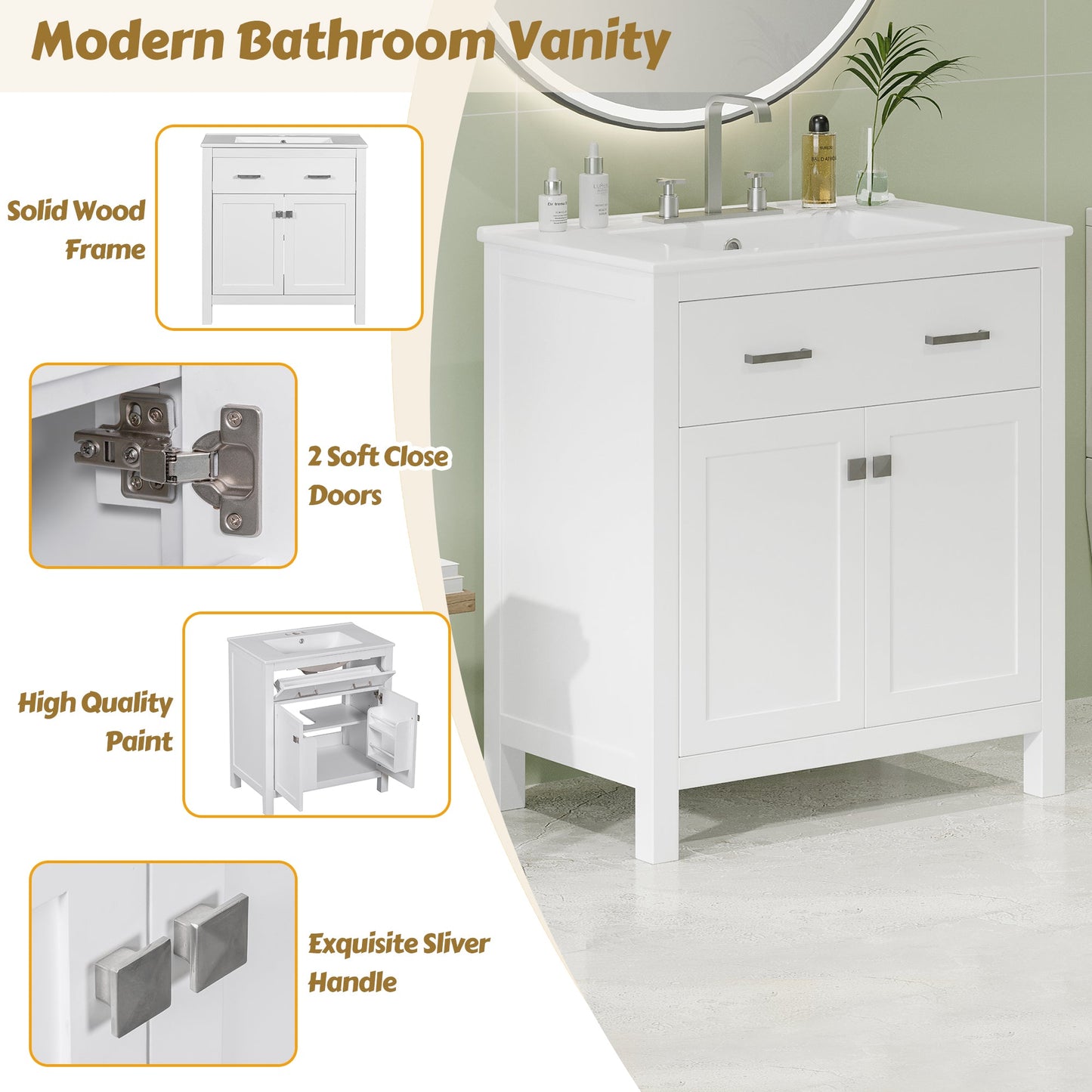 30-Inch Bathroom Vanity with Ceramic Sink, Modern