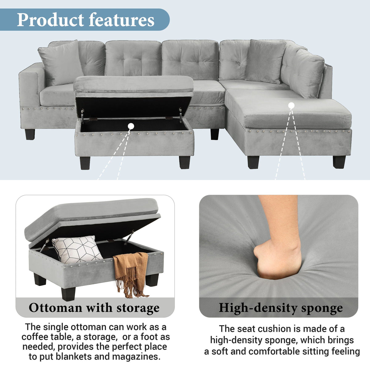 Modern Sectional Sofa With Storage Ottoman, L - Shape Couch With 2 Pillows And Cup Holders - view 3