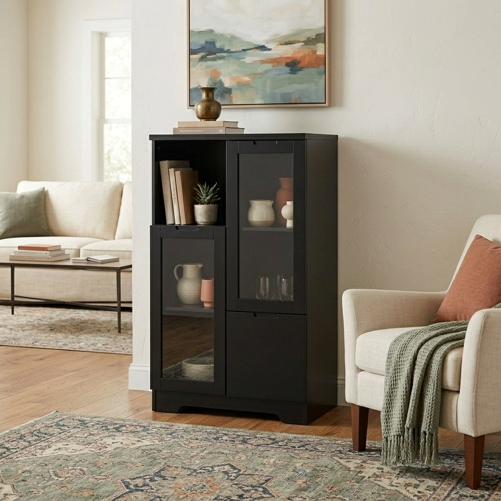 MDF Painted Cabinet with Glass Doors and Drawer