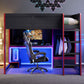 Wood Full Size Gaming Loft Bed with Built-in Desk, Wardrobe, LED and Drawer