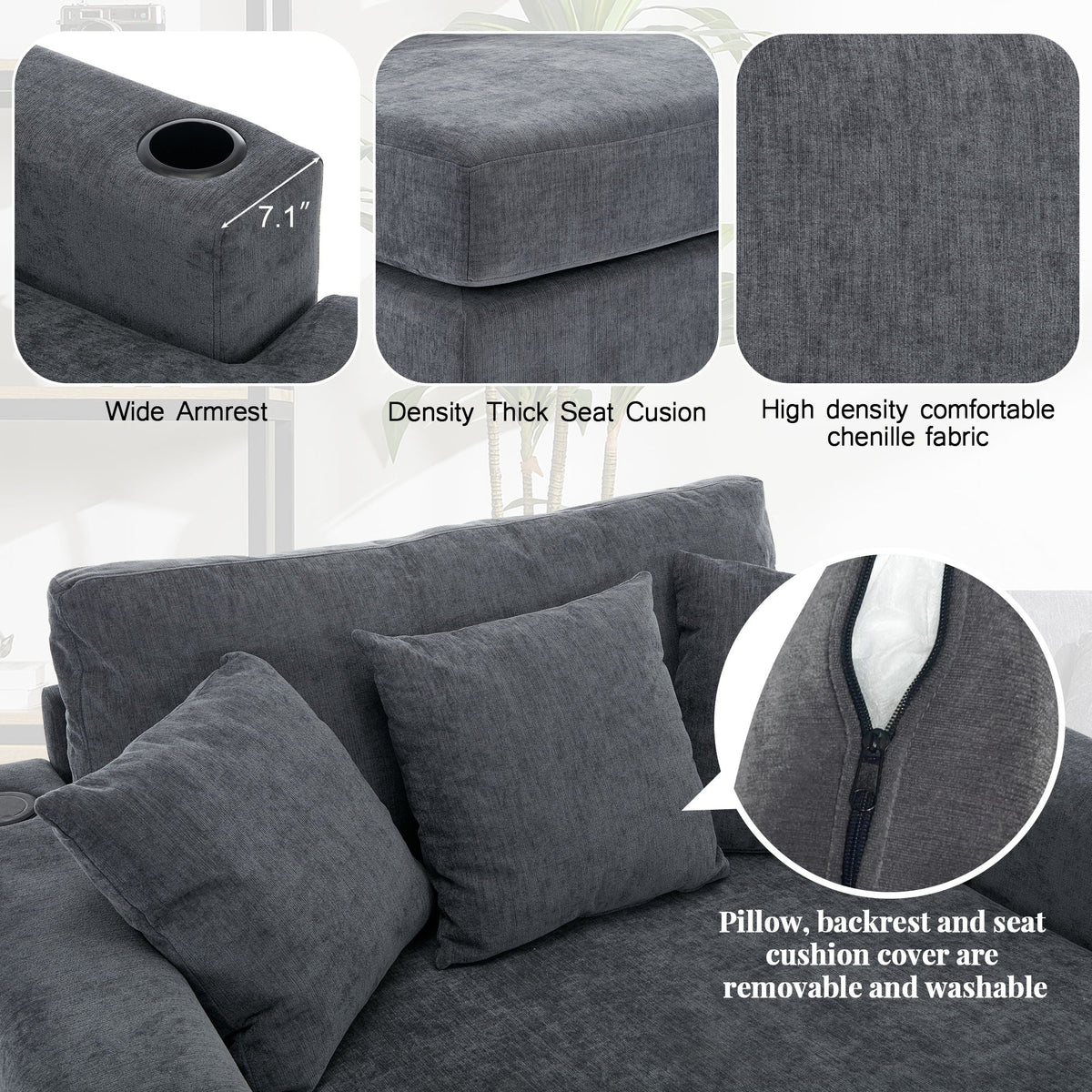 Oversized Chaise Lounger Modern Style Sofa Couch, With Pillows, Charge Station & Cup Holders - view 2