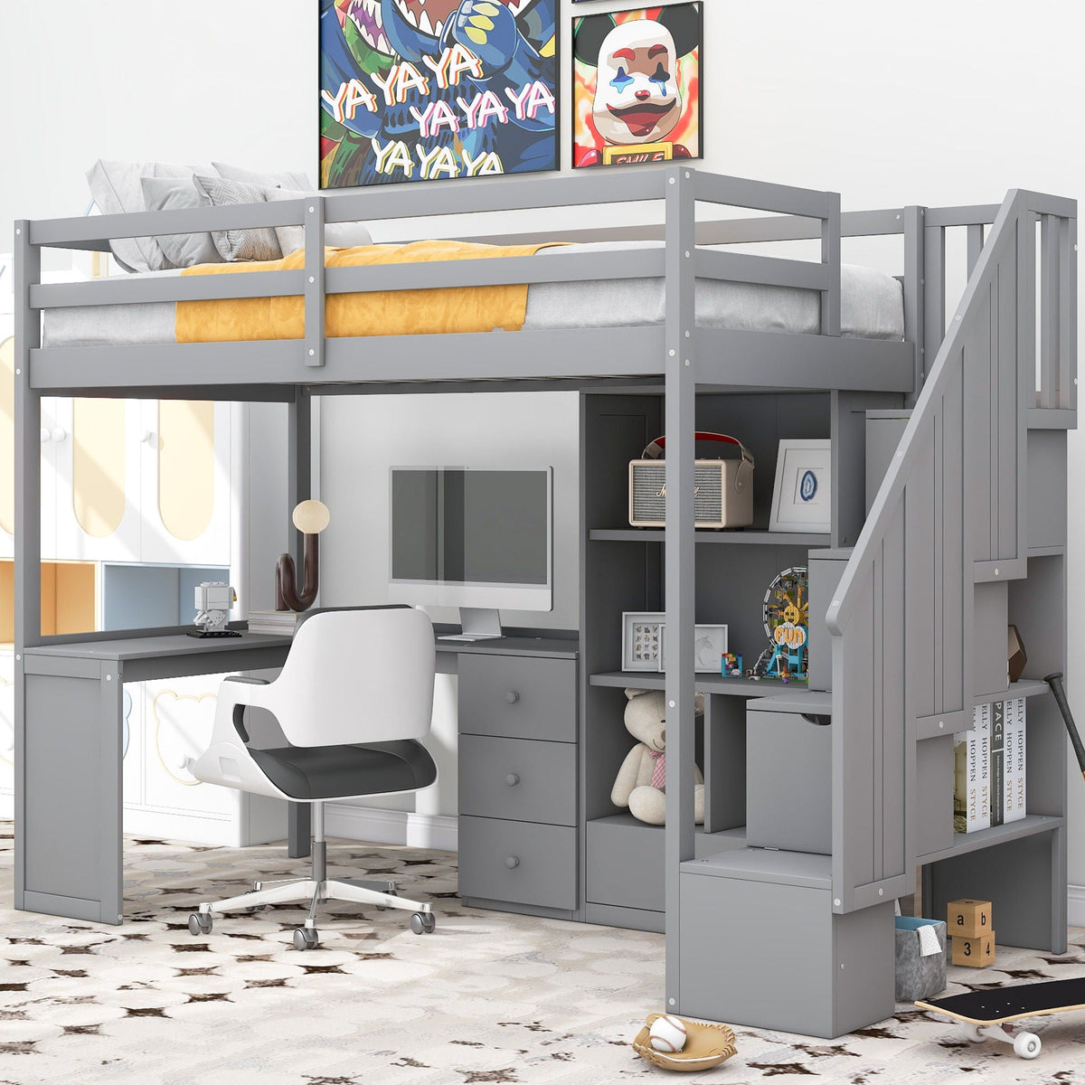 Loft Bed With L Shaped Desk, Drawers, Cabinet, And Storage Staircase - view 3