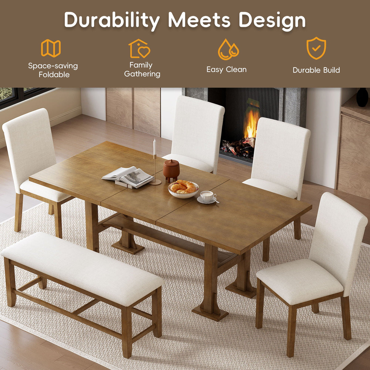Topmax - 6 Piece Farmhouse Extendable Dining Table Set Trestle Kitchen Table Set With Removable Leaf And - view 3